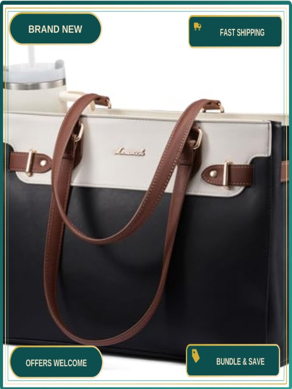 LOVEVOOK Laptop Tote Bag with Cup Holder Waterproof PU Leather Work Bag